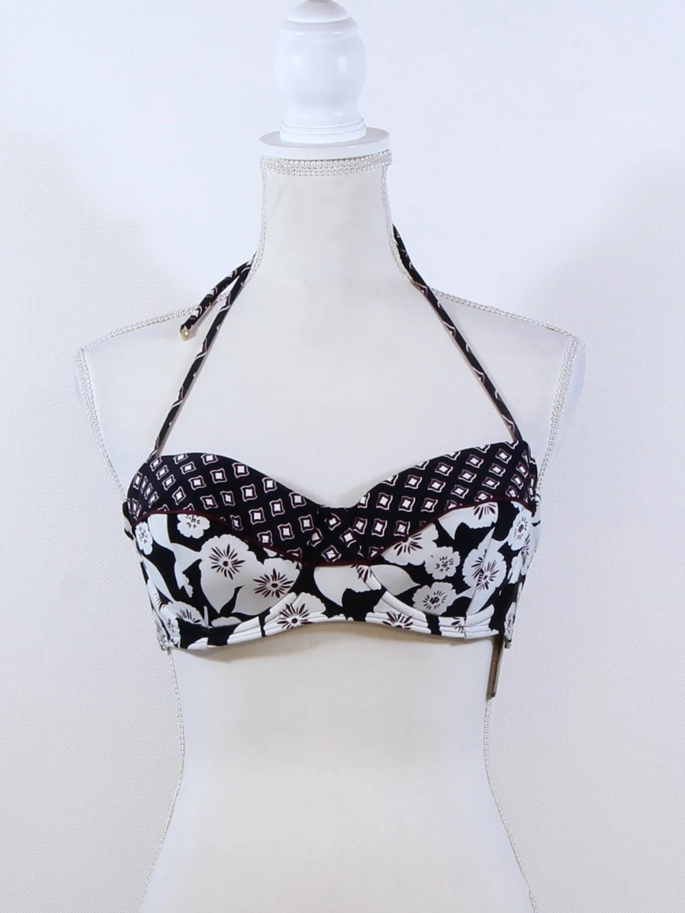 Kate Spade Black & White Floral Halter Bikini Top with Geometric Trim NWT